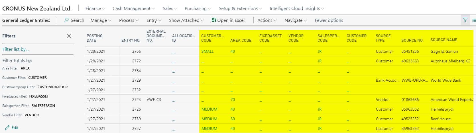 General Ledger Entries with Dimensions